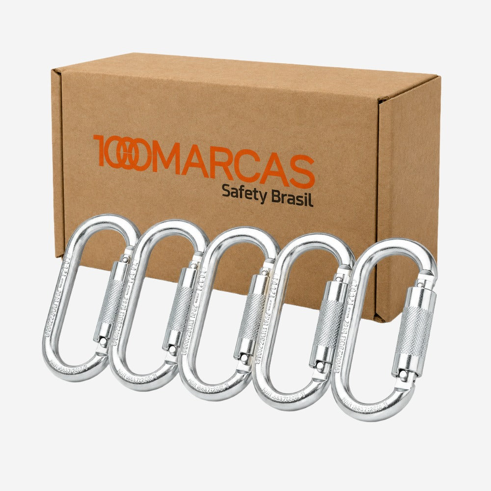 Kit 5 Unidades Mosquetão Oval Dupla Trava para Trabalho em Altura Conexões Ancoragens Aço Prata Cromado 25kN Classe B Abertura 19±3mm MG Cinto MG 1897