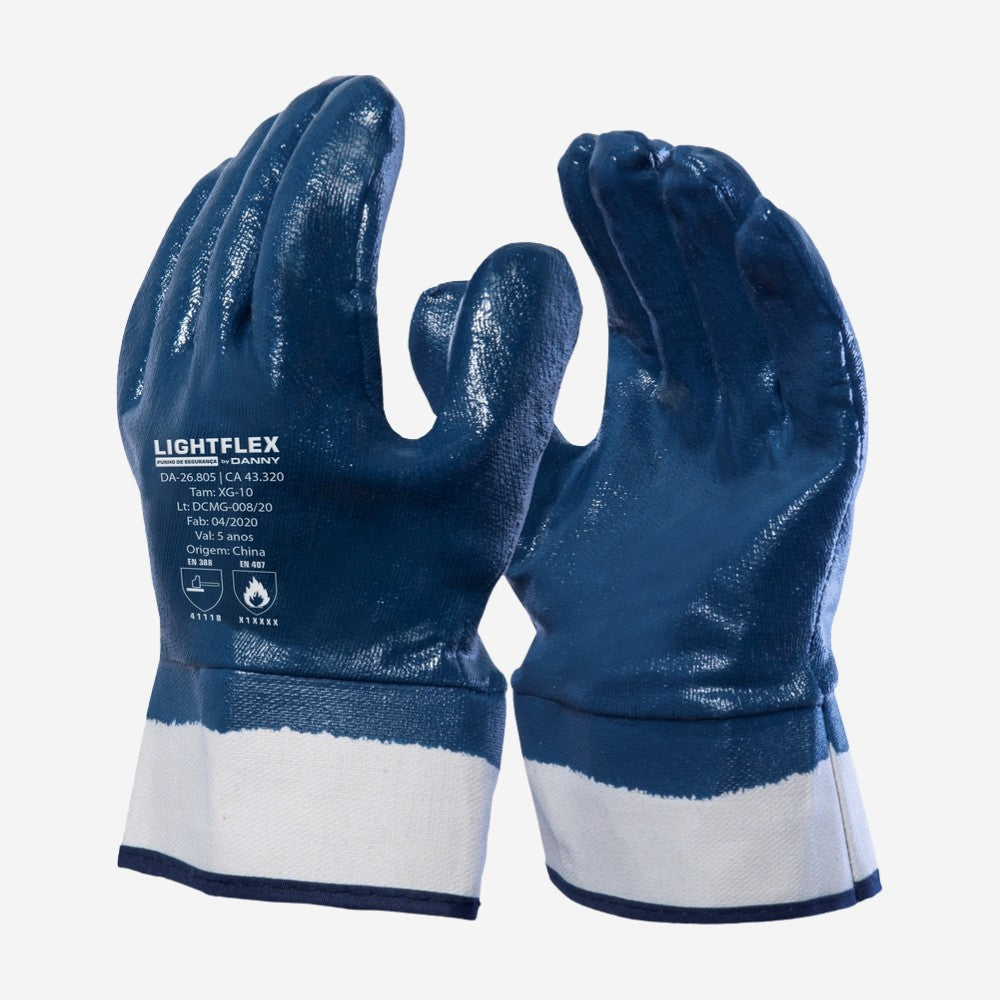 Luva de Proteção Produtos Químicos Abrasão Algodão com Banho Nitrílico Azul Forro em Algodão Danny Lightflex Punho de Segurança DA-26.805 C.A. 43320