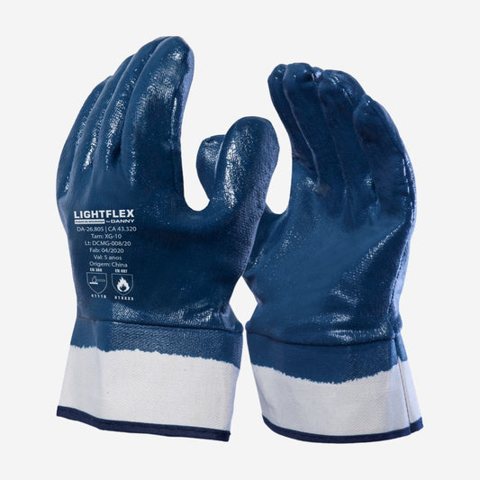Luva de Proteção Produtos Químicos Abrasão Algodão com Banho Nitrílico Azul Forro em Algodão Danny Lightflex Punho de Segurança DA-26.805 C.A. 43320