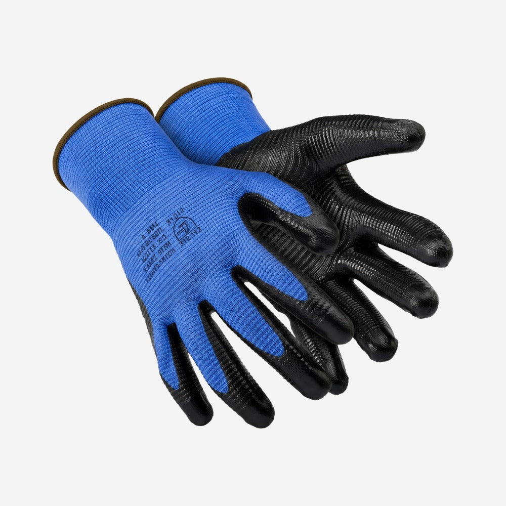 Luva Altas Temperaturas até 250°C e Abrasão para Peças Oleosas Poliéster Azul e Preto Banho Nitrílico Palma e Dedos Super Safety SS1006N CA 41076
