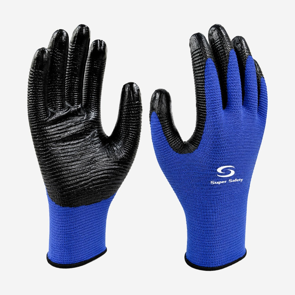 Luva Altas Temperaturas até 250°C e Abrasão para Peças Oleosas Poliéster Azul e Preto Banho Nitrílico Palma e Dedos Super Safety SS1006N CA 41076