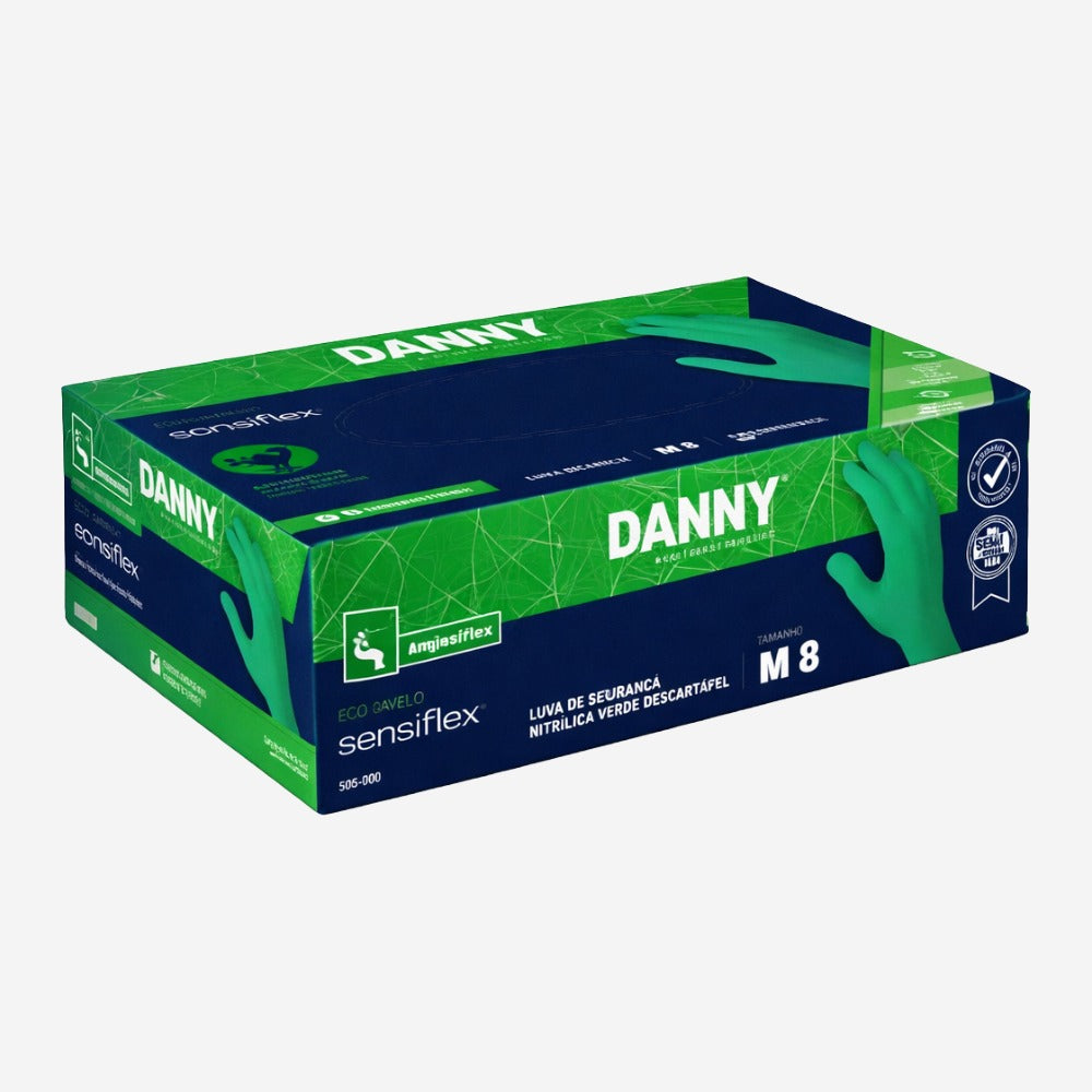 Luva Nitrílica Descartável Biodegradável Reforçada Antiestática Hipoalergênica Verde Caixa com 50 Danny Eco Sensiflex DA-90.114 C.A 45796