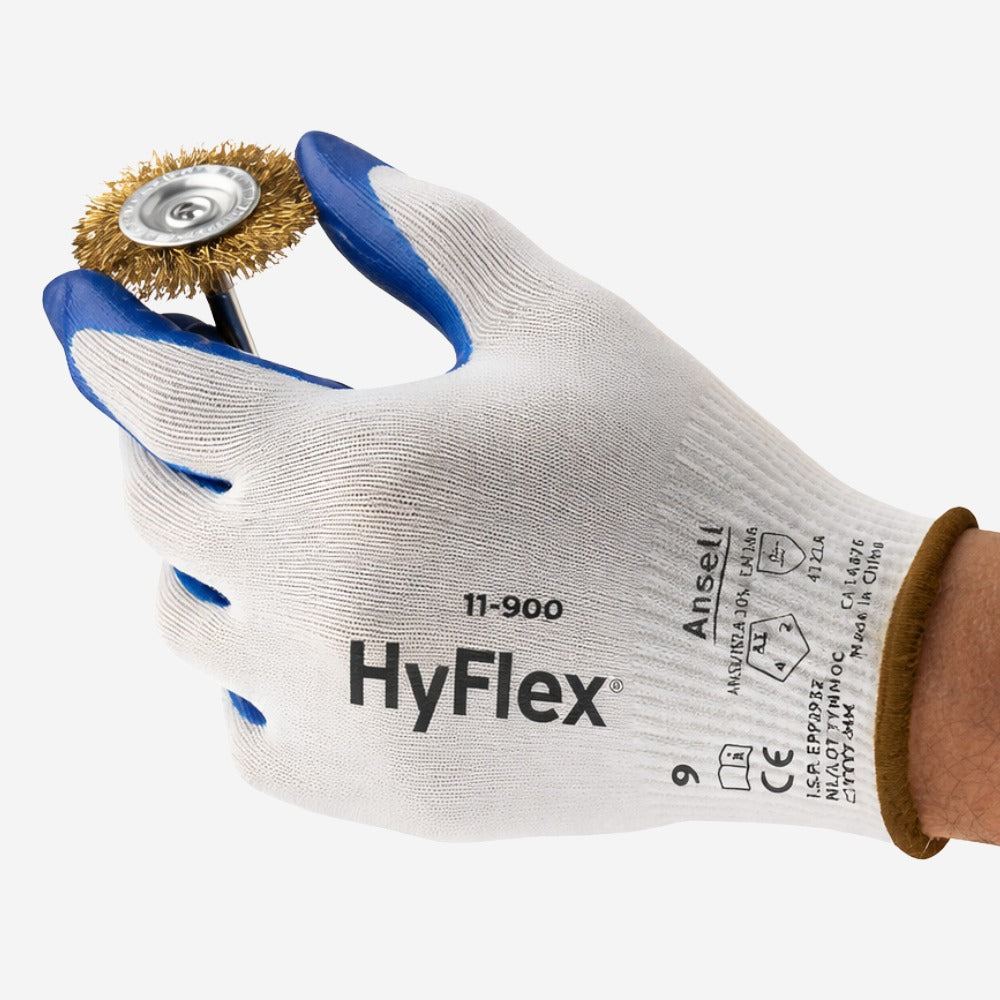 Luva de Proteção Abrasão Óleo Tricotada Banho Nitrílico Palma Azul e Branca Ansell HyFlex 11-900 C.A 14876