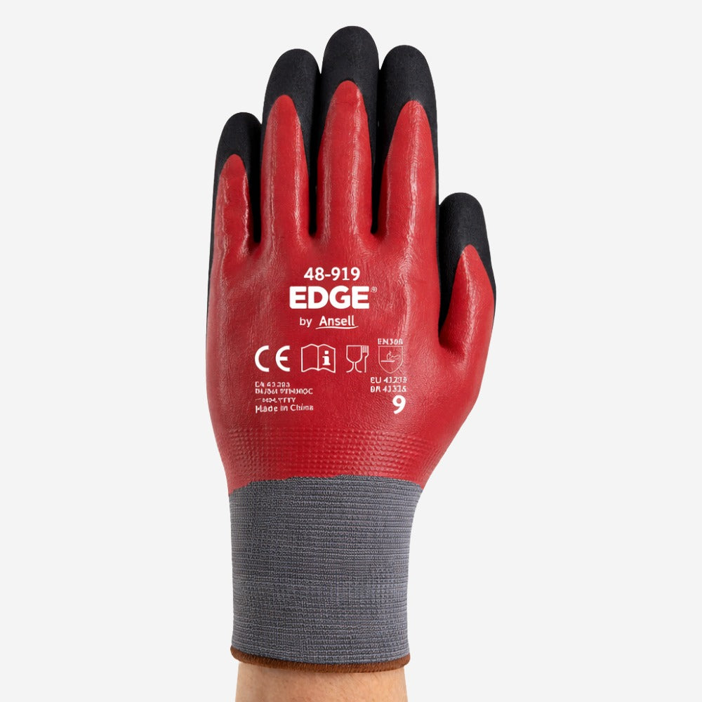 Luva de Proteção Abrasão Óleo Tricotada Nitrílica Preta e Vermelha Ansell EDGE 48-919 C.A 43203