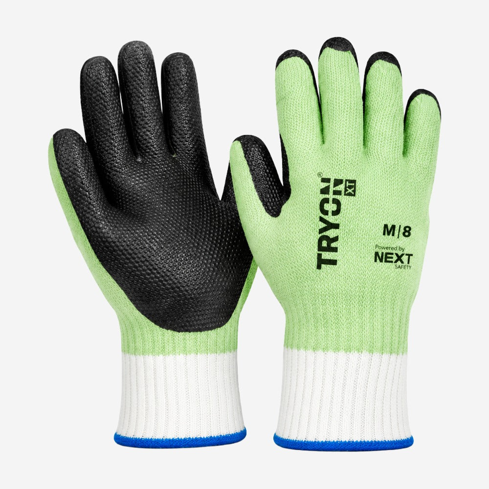 Luva de Proteção Abrasão Rasgamento Trabalho Pesado Algodão Elastano Verde Banho Látex Vulcanizado Palma e Dedos Next Safety TRYON XT 22.100 CA 51139