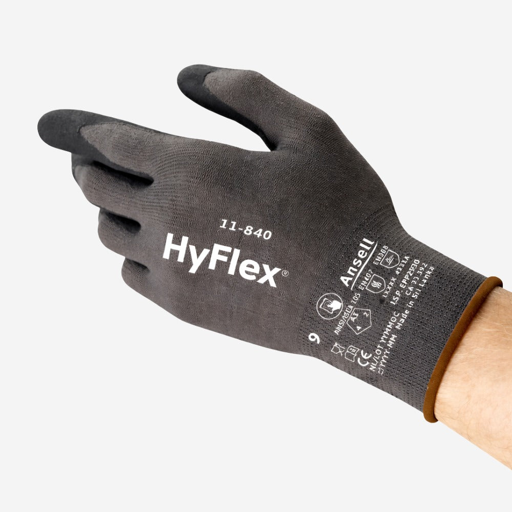 Luva de Proteção Abrasão Tricotada Espuma de Nitrilo Preta e Cinza Ansell HyFlex 11-840 C.A 33392