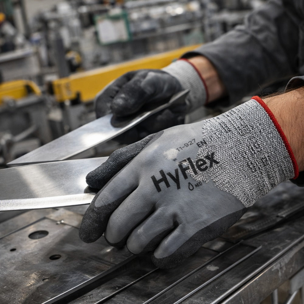 Luva de Proteção Abrasão Tricotada Poliamida Banho Nitrílico Cinza e Preta Ansell HyFlex 11-927 C.A 33578
