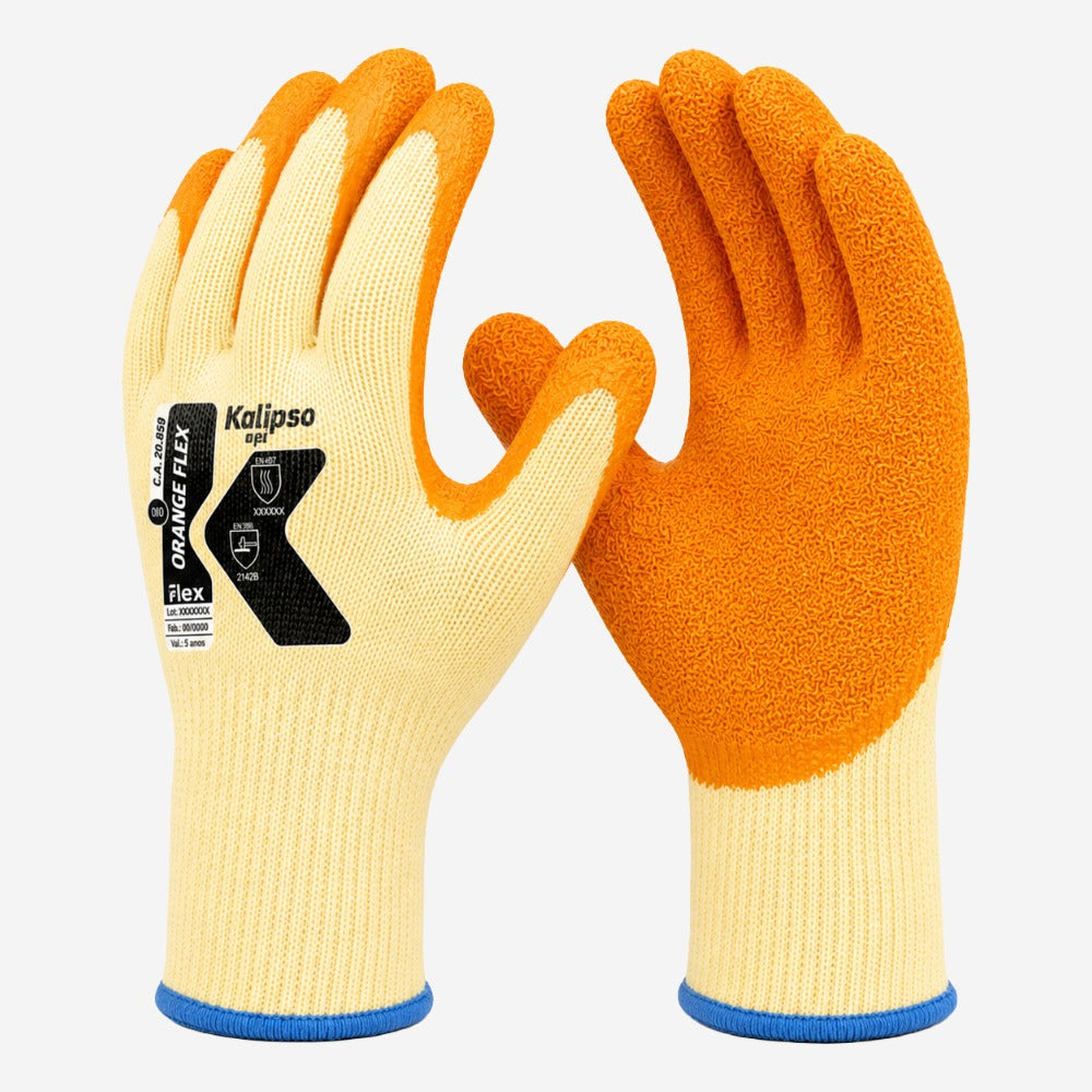 Luva de Proteção Abrasão, Rasgamento e Calor de Contato para Uso Profissional em Suporte Têxtil com Látex Natural Kalipso Orange Flex CA 20858