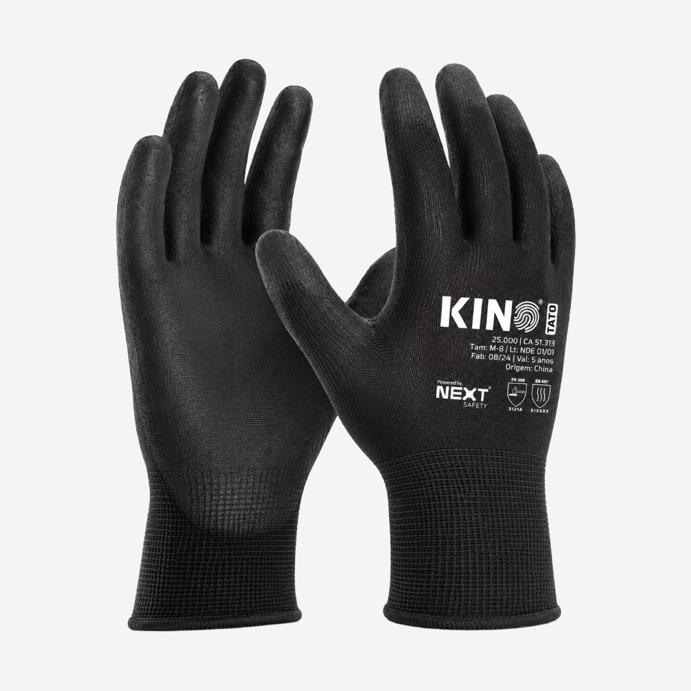 Luva de Proteção Abrasão e Multitato para Montagem e Manuseio Fino Poliéster Preta Banho PU na Palma e Dedos Next Safety KINO TATO CA 51313
