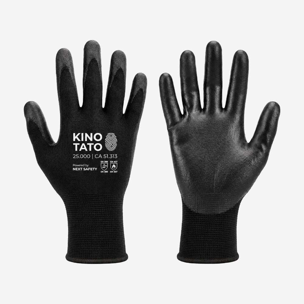 Luva de Proteção Abrasão e Multitato para Montagem e Manuseio Fino Poliéster Preta Banho PU na Palma e Dedos Next Safety KINO TATO CA 51313