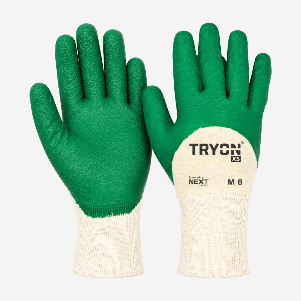 Luva de Proteção Aderência e Umidade para Ambientes Úmidos Algodão Verde Banho Látex Corrugado Palma e Dedos Next Safety TRYON XS 22.300 CA 51089