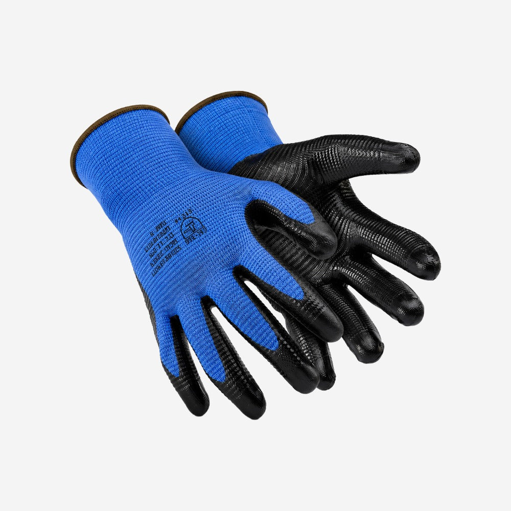 Luva de Proteção Altas Temperaturas até 250°C e Abrasão Peças Oleosas Poliéster Azul Preto Banho Nitrílico Palma e Dedos Super Safety SS1006N CA 41076