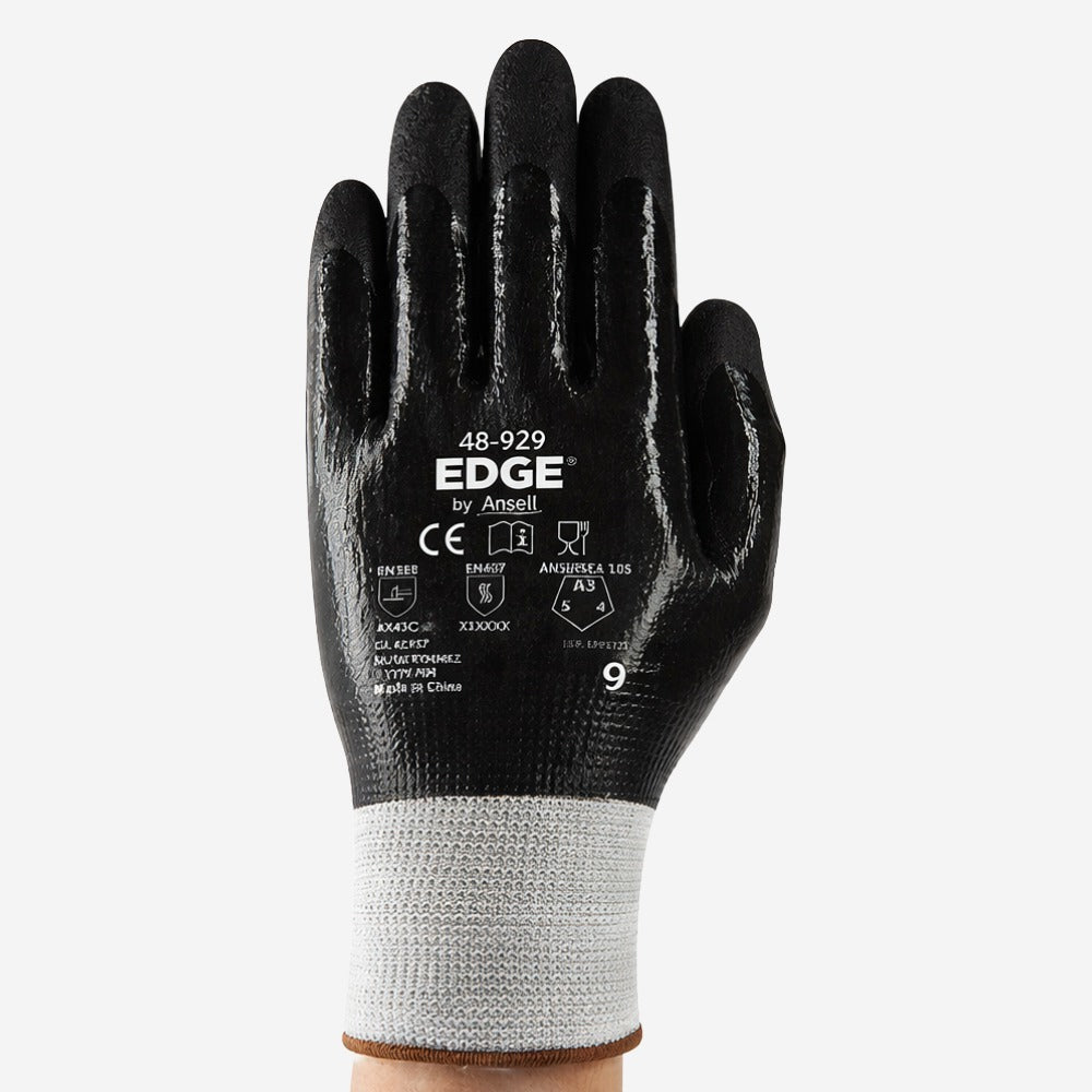 Luva de Proteção Anticorte Abrasão Óleo Tricotada Banho Total Nitrílico Preta Ansell EDGE 48-929 C.A 42957