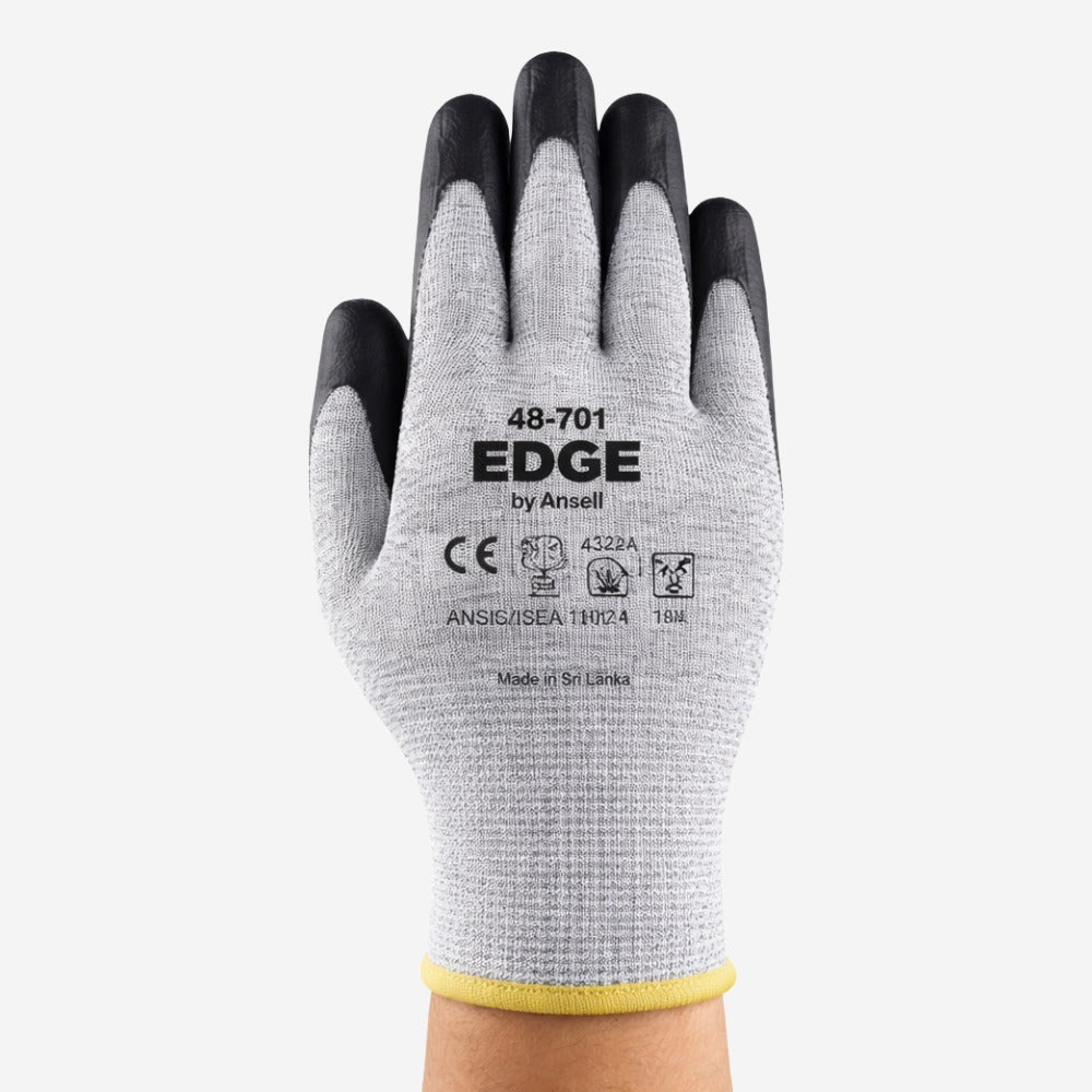 Luva de Proteção Anticorte Abrasão Óleo Tricotada Poliuretano Cinza e Preta Ansell EDGE 48-701 C.A 33859