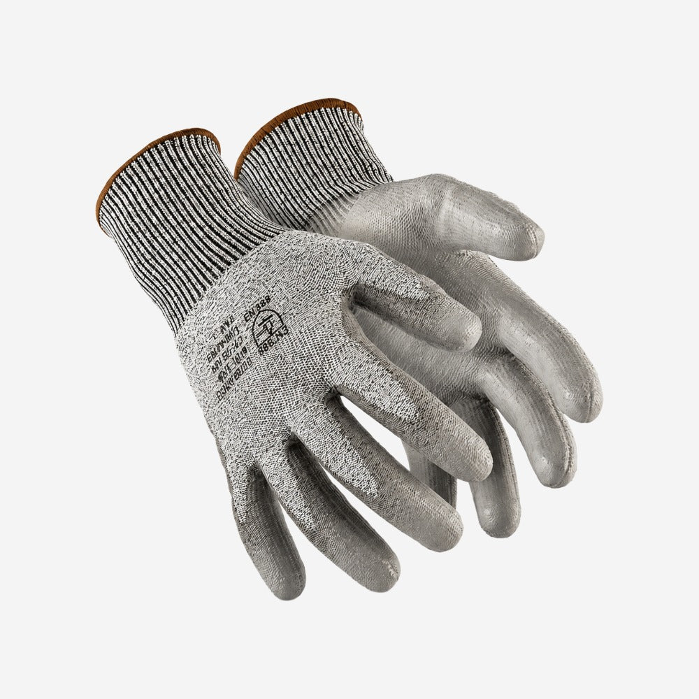 Luva de Proteção Anticorte Abrasão e Perfuração para Chapas Finas Fibra de Vidro HPPE Cinza Banho PU Palma e Dedos Super Safety SS1008 R CA 32036