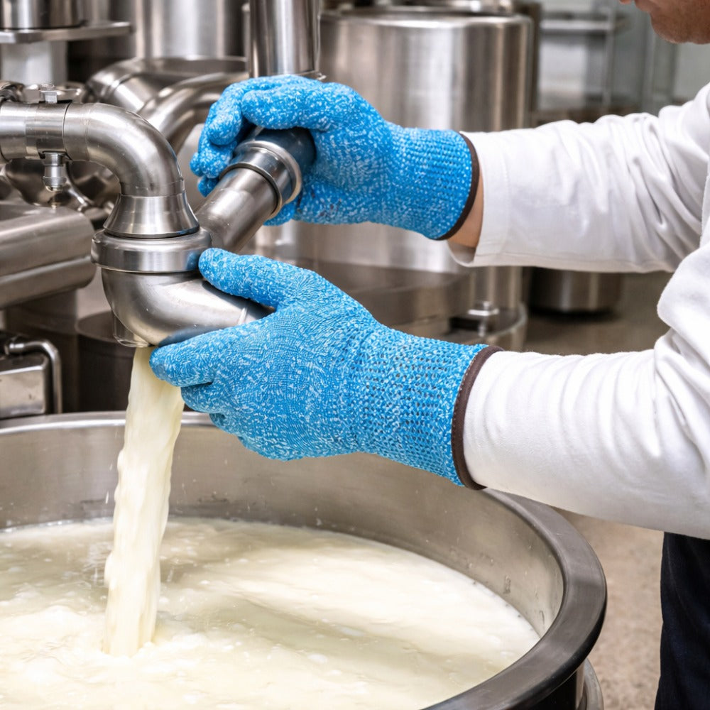 Luva de Proteção Anticorte Manuseio de Alimentos Tricotada Fibra de Vidro Aço Inoxidável Azul Ansell HyFlex 74-500 C.A 41874