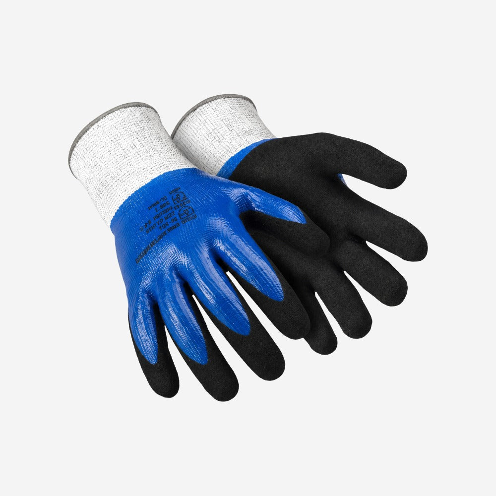 Luva de Proteção Anticorte Produtos Químicos para Óleo HPPE Cinza Azul Preto Banho Nitrílico Duplo Palma Dorso Dedos Super Safety SS1014 R CA 38646