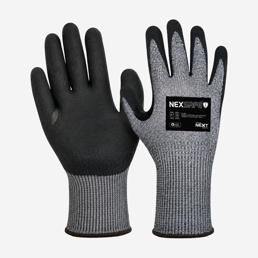 Luva de Proteção Anticorte TDM F e Abrasão Chapas PEAD Nylon Cinza e Preta Banho Nitrílico Sand Finish na Palma Next Safety NEXSAFE ALPHA 2 CA 51539