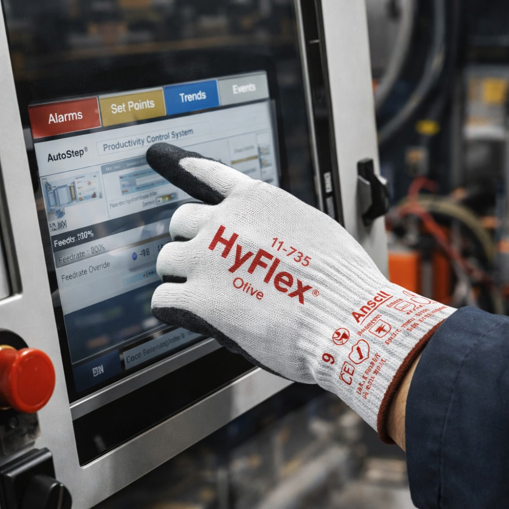 Luva de Proteção Anticorte Tricotada Poliuretano Cinza e Preta Ansell HyFlex 11-735 C.A 37565