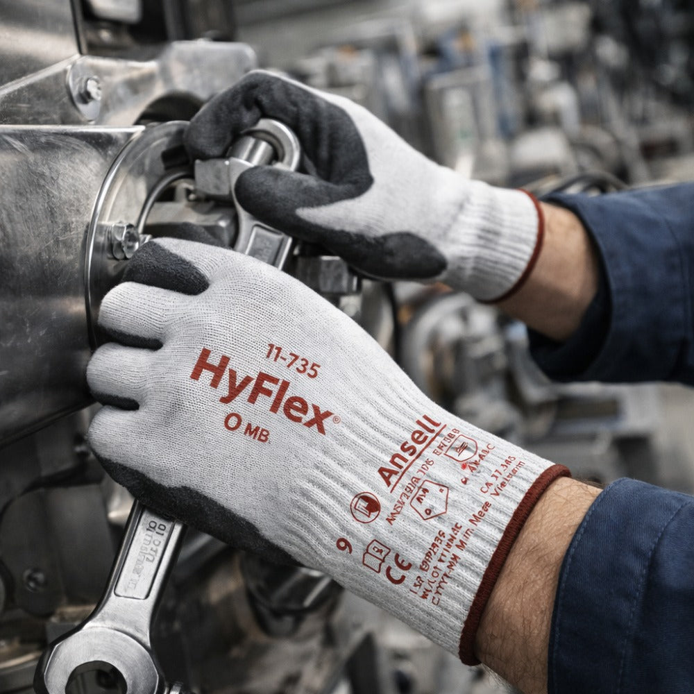Luva de Proteção Anticorte Tricotada Poliuretano Cinza e Preta Ansell HyFlex 11-735 C.A 37565
