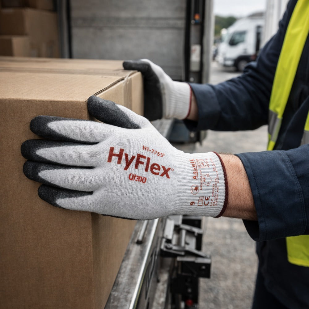 Luva de Proteção Anticorte Tricotada Poliuretano Cinza e Preta Ansell HyFlex 11-735 C.A 37565