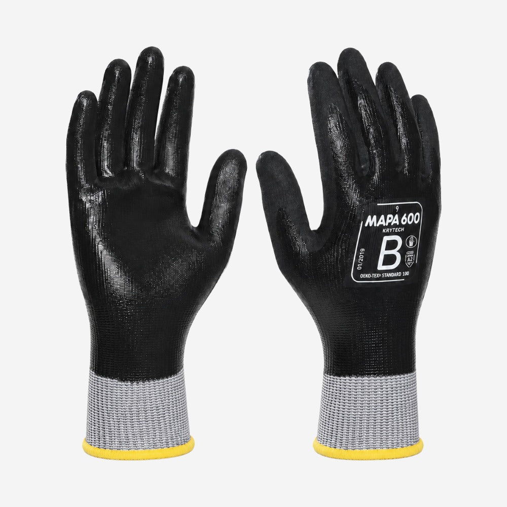 Luva de Proteção Anticorte para Peças Oleosas Fibra PEAD Nitrílica Grip&Proof Preta e Cinza Mapa Professional KryTech 600 CA 50808