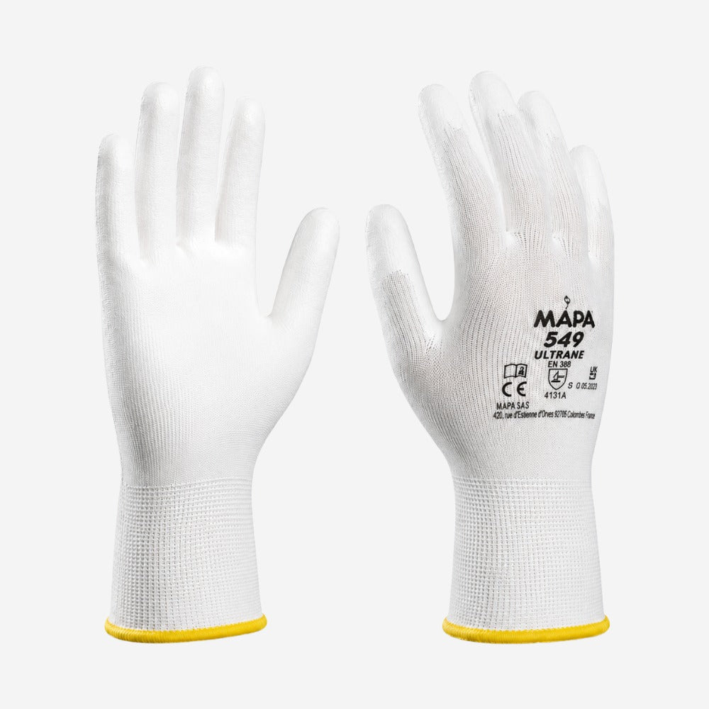 Luva de Proteção Mecânica para Eletrônica e Montagem Poliuretano Branco Dorso Ventilado Mapa Professional Ultrane 549 CA 21259