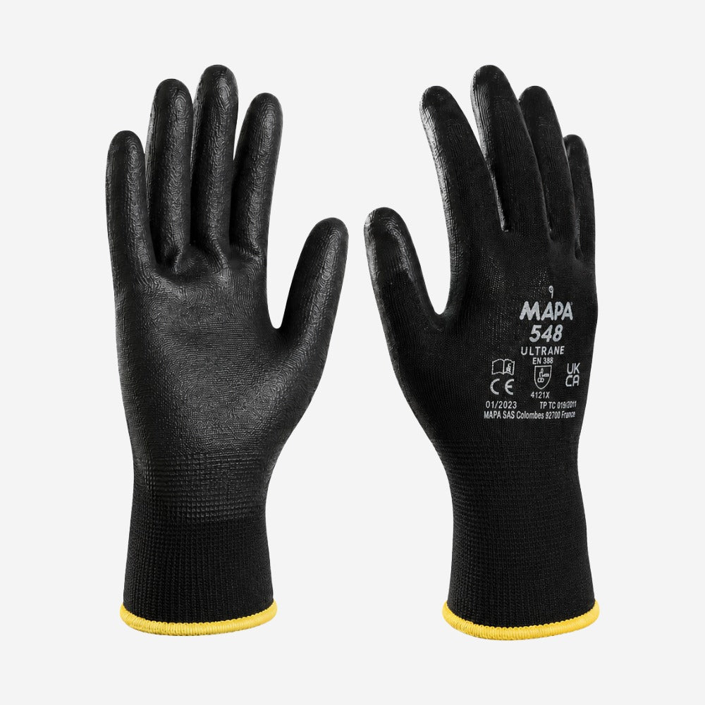 Luva de Proteção Mecânica para Eletrônica e Montagem Poliuretano Preto Dorso Ventilado Mapa Professional Ultrane 548 CA 21260
