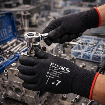 Luva de Proteção Multitato Abrasão Antiestática Tricotada em Nylon e Poliuretano Preto Danny Flextáctil DA-12.100PT C.A 29014