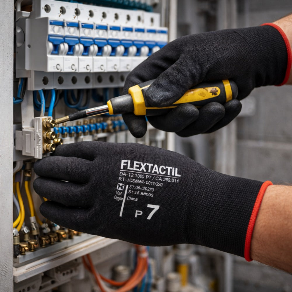 Luva de Proteção Multitato Abrasão Antiestática Tricotada em Nylon e Poliuretano Preto Danny Flextáctil DA-12.100PT C.A 29014