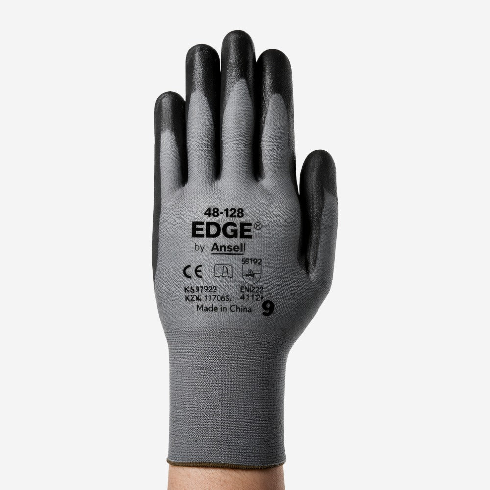 Luva de Proteção Multiuso Abrasao Óleo Tricotada Banho Nitrílico Cinza e Preta Ansell EDGE 48-128 C.A 38312