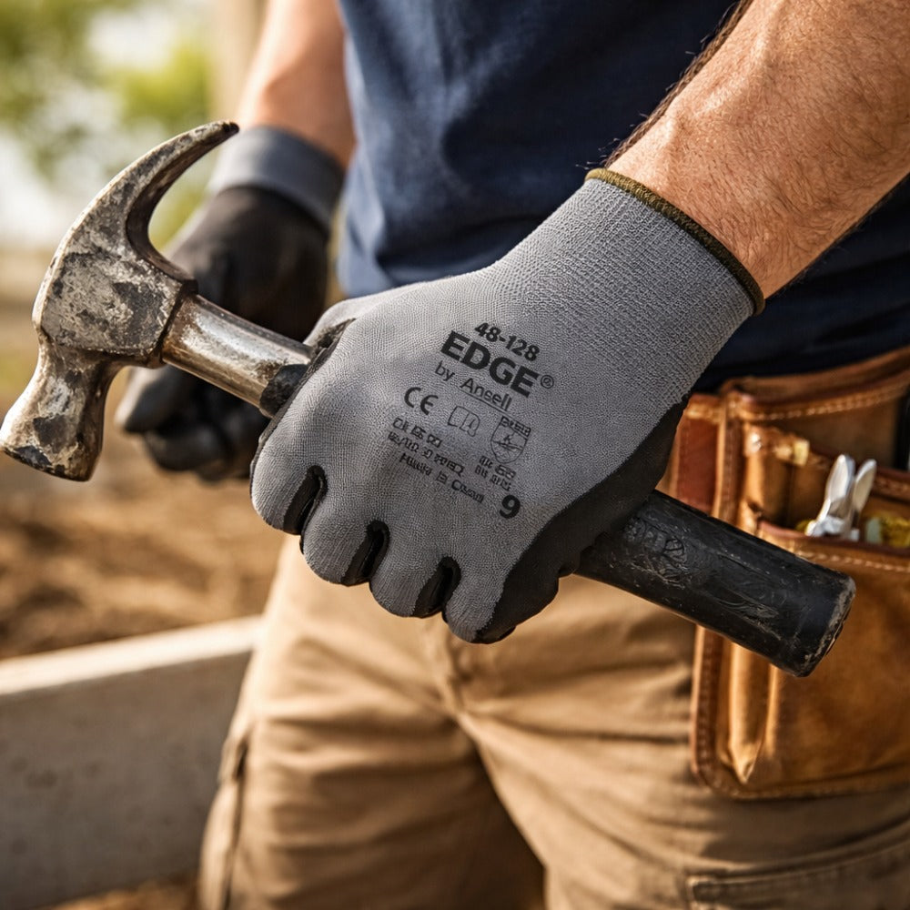 Luva de Proteção Multiuso Abrasao Óleo Tricotada Banho Nitrílico Cinza e Preta Ansell EDGE 48-128 C.A 38312