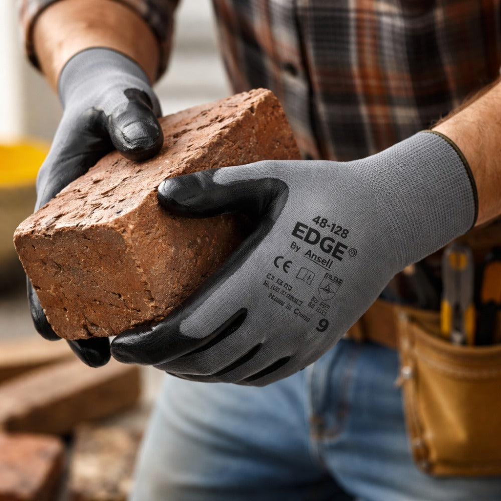 Luva de Proteção Multiuso Abrasao Óleo Tricotada Banho Nitrílico Cinza e Preta Ansell EDGE 48-128 C.A 38312