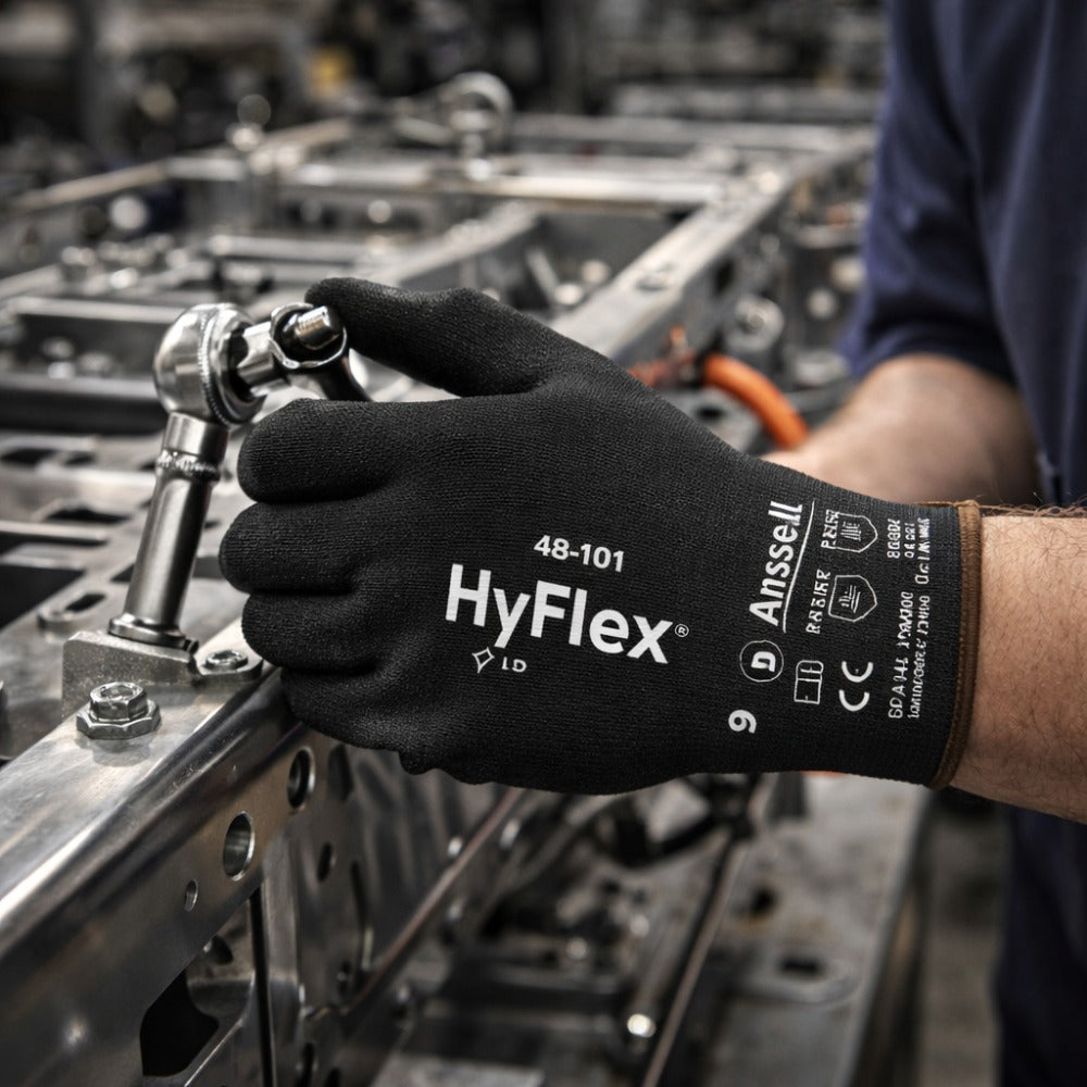 Luva de Proteção Multiuso Abrasão Tricotada Poliuretano Preta Ansell HyFlex 48-101 C.A 16722