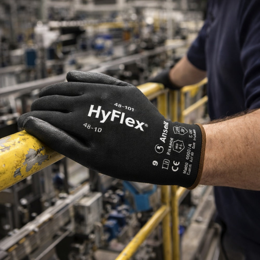Luva de Proteção Multiuso Abrasão Tricotada Poliuretano Preta Ansell HyFlex 48-101 C.A 16722
