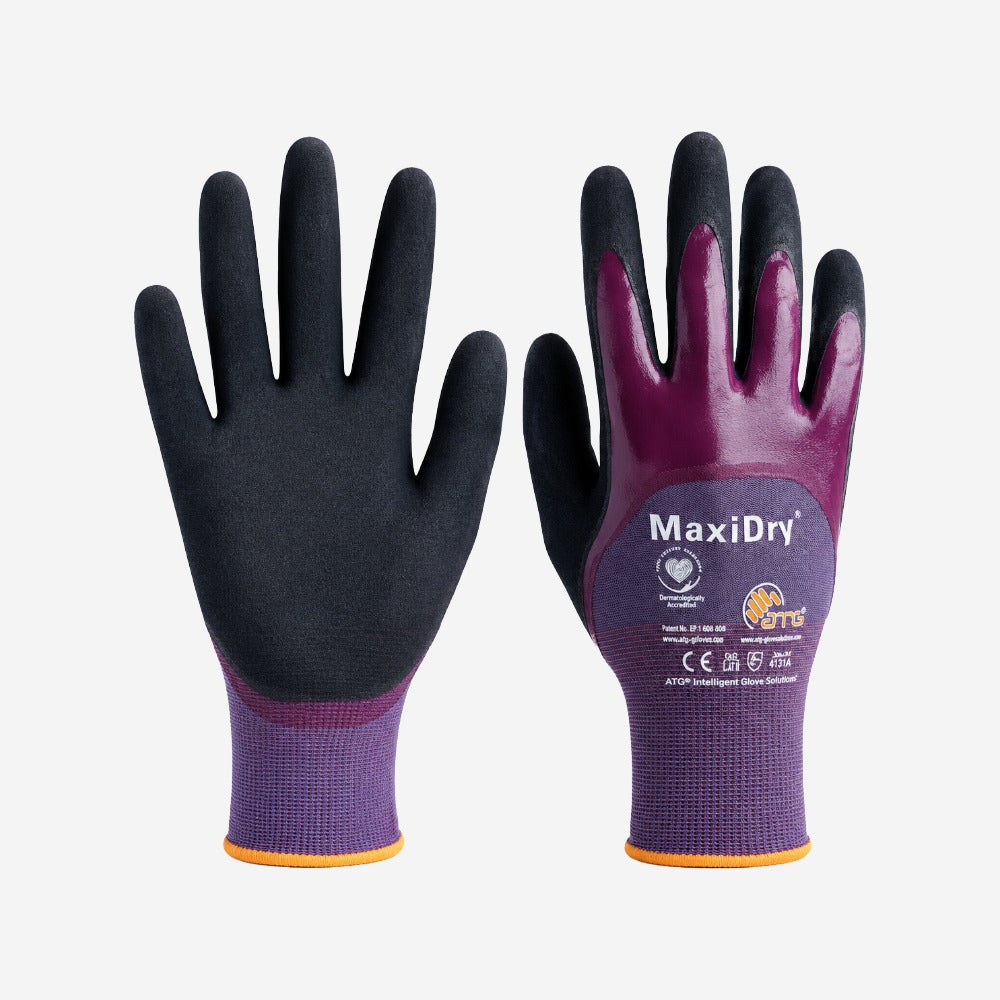 Luva de Proteção Óleo Abrasão e Umidade para Atividades Mecânicas Nylon Elastano Preta e Roxa Banho Nitrílico 3/4 Next Safety MAXIDRY 75.400 CA 50990