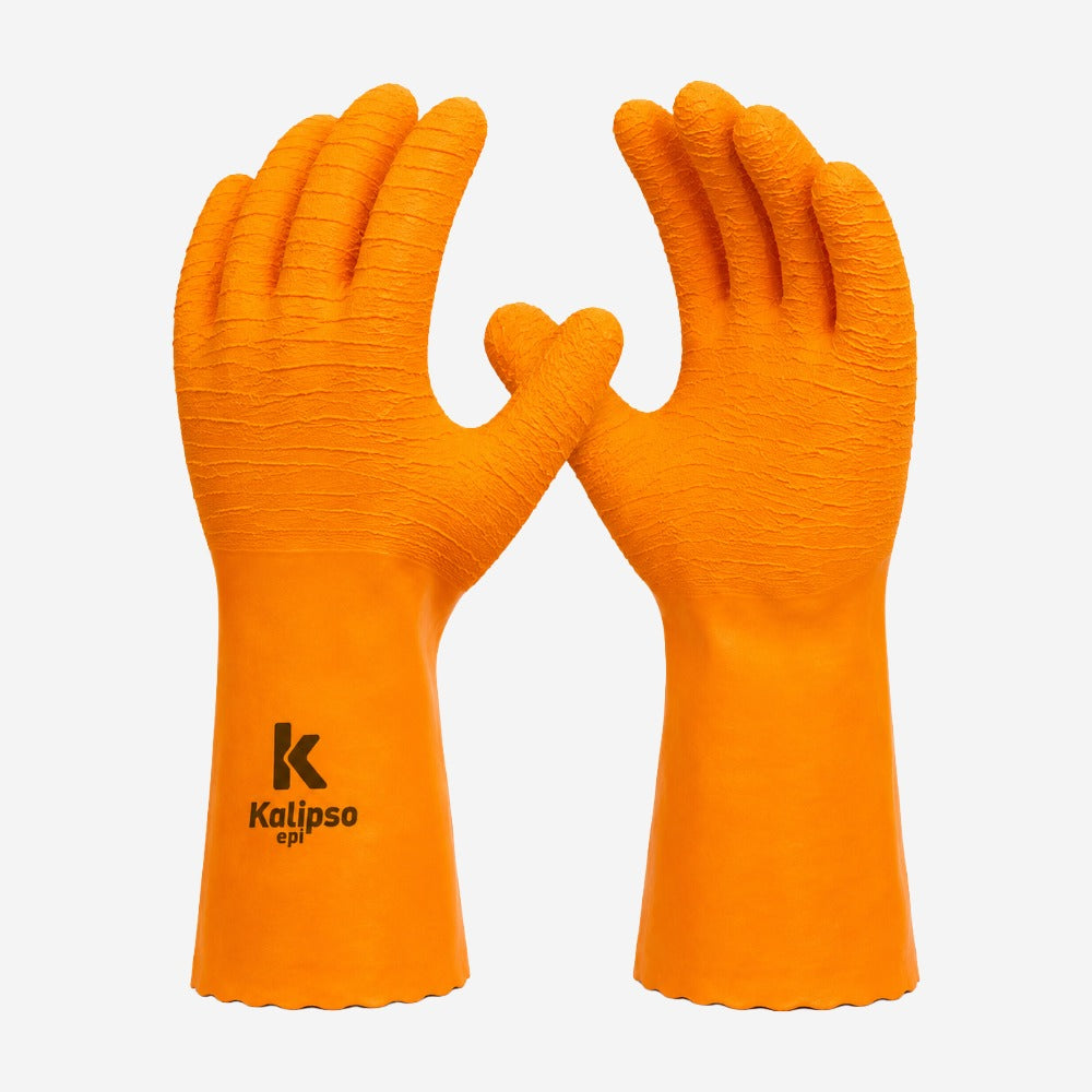 Luva de Proteção Produtos Químicos Abrasão e Calor para Limpeza Algodão Azul Látex Total Corrugado Kalipso Sumatra CA 50892