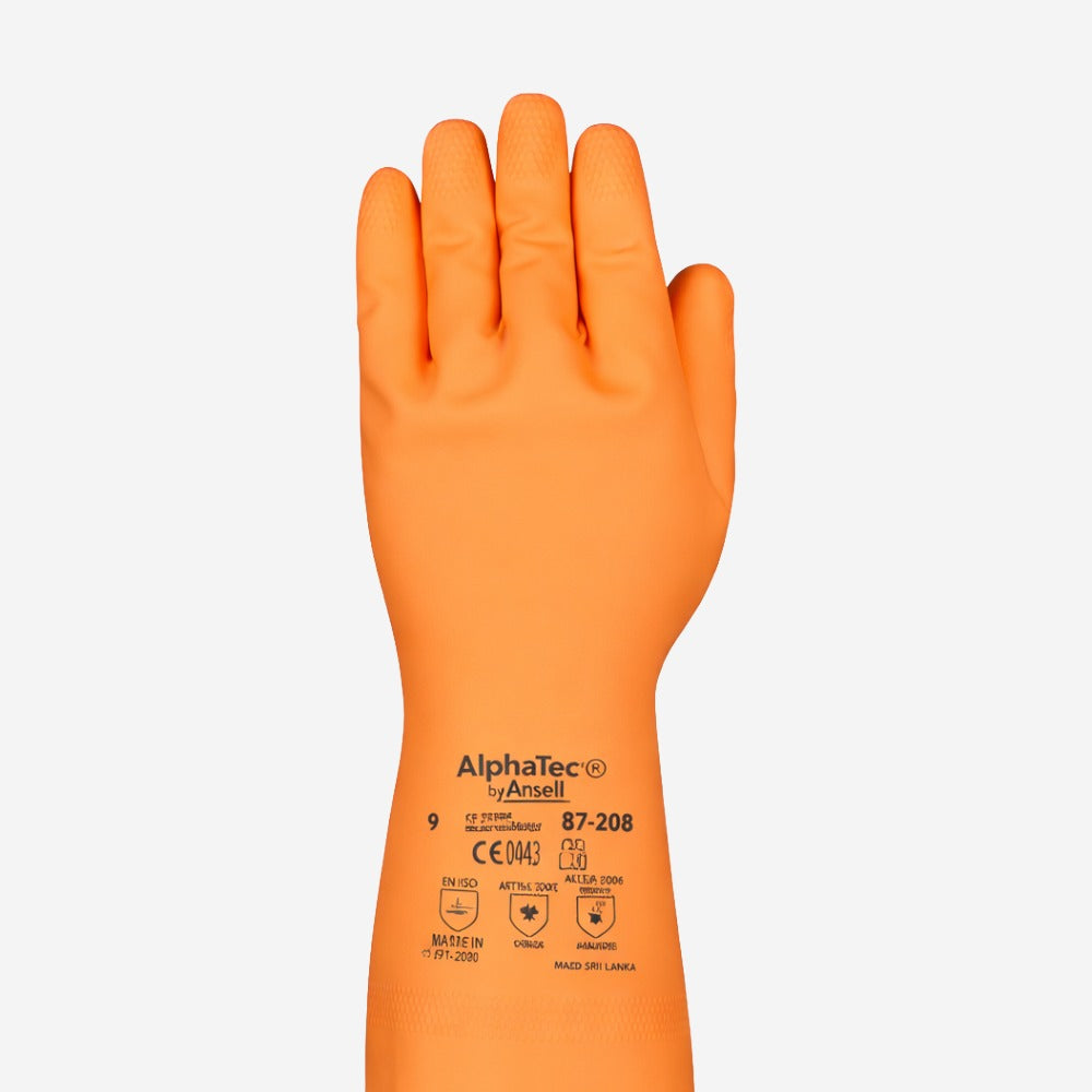 Luva de Proteção Produtos Químicos Flocada Látex de Borracha Natural Laranja 32,5cm Ansell AlphaTec 87-208 C.A 12869