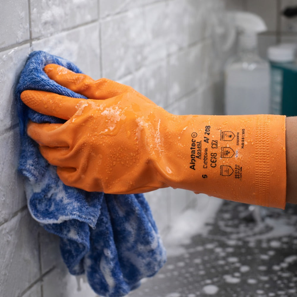 Luva de Proteção Produtos Químicos Flocada Látex de Borracha Natural Laranja 32,5cm Ansell AlphaTec 87-208 C.A 12869