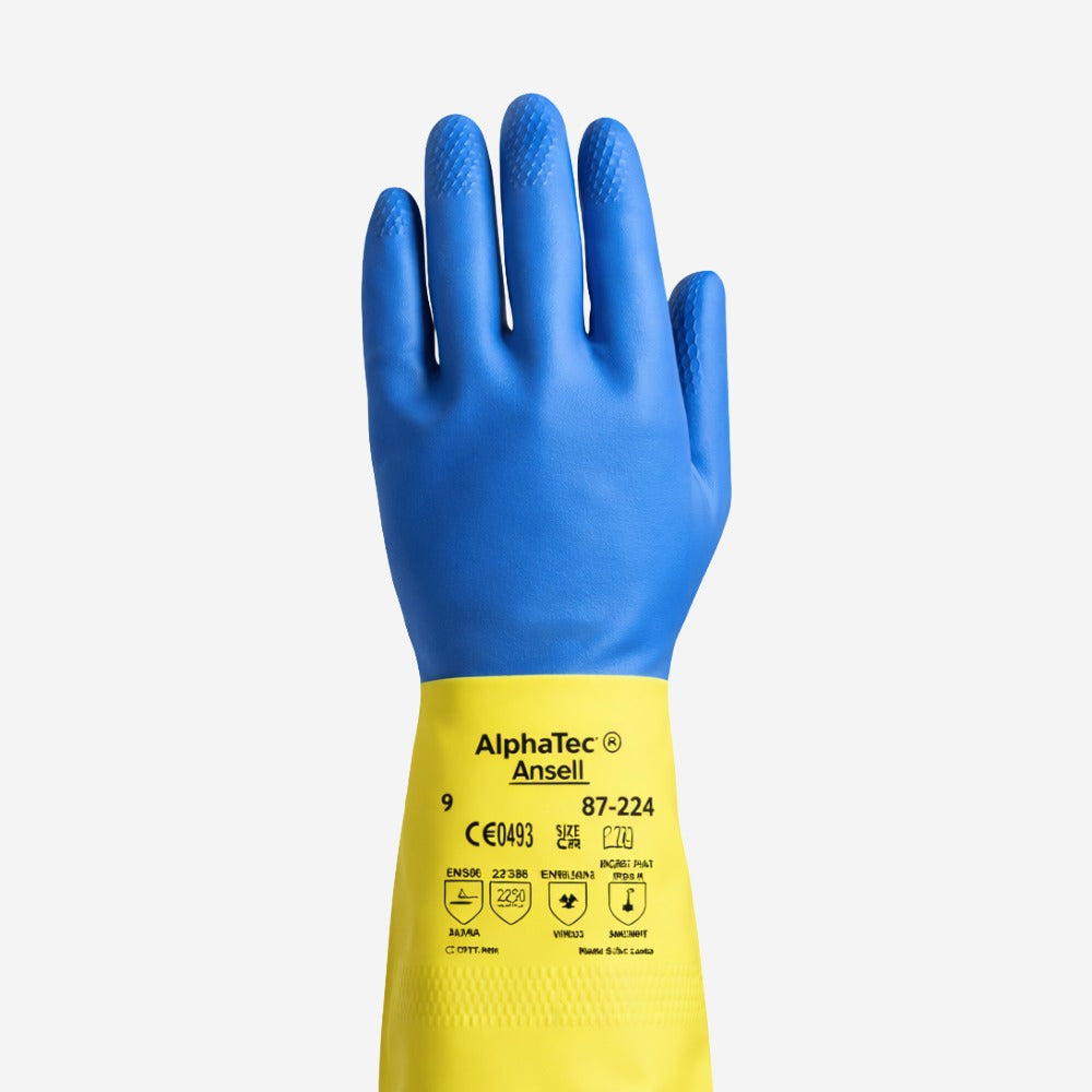 Luva de Proteção Produtos Químicos Flocada Neoprene Látex Azul e Amarelo Ansell AlphaTec 87-224 C.A 12872