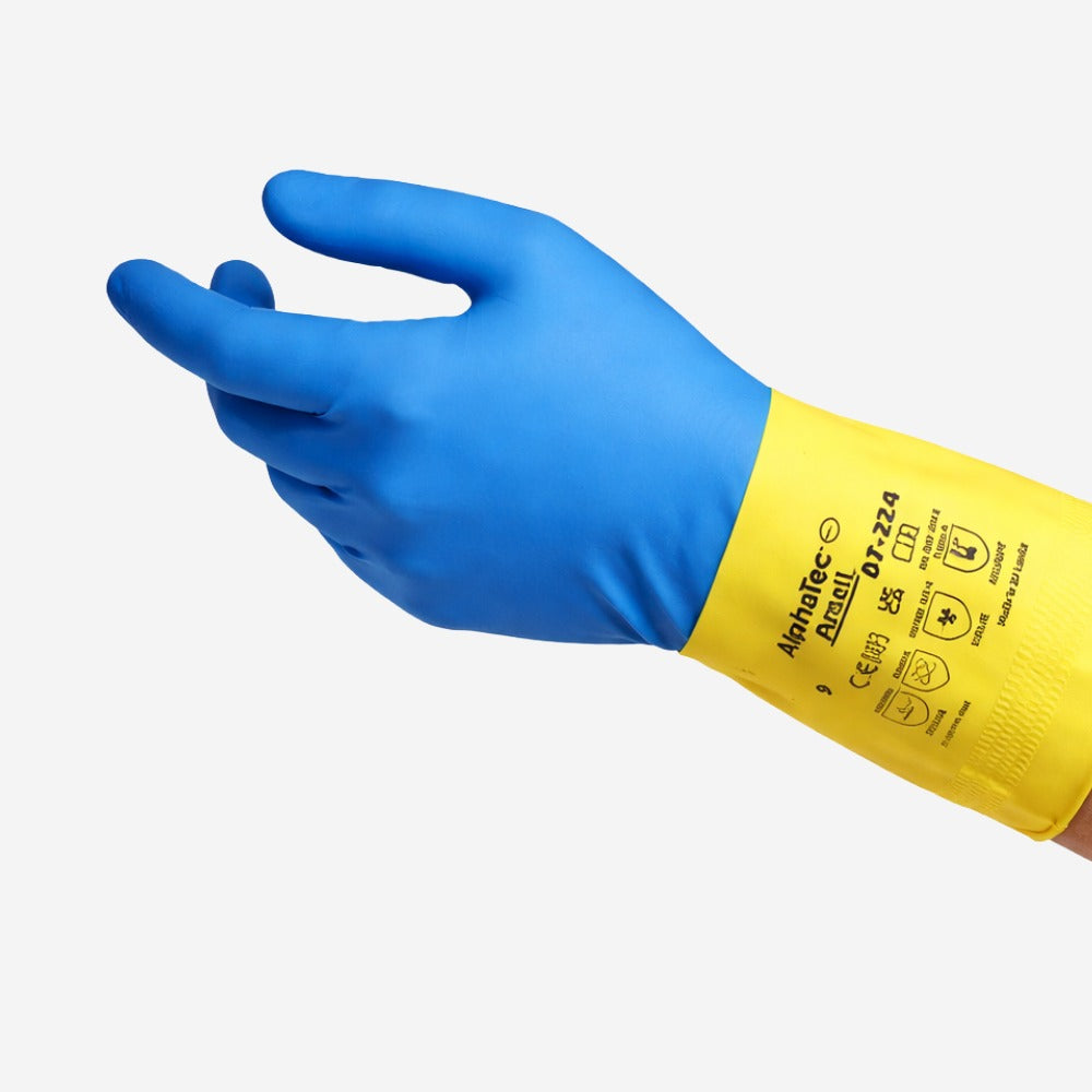 Luva de Proteção Produtos Químicos Flocada Neoprene Látex Azul e Amarelo Ansell AlphaTec 87-224 C.A 12872