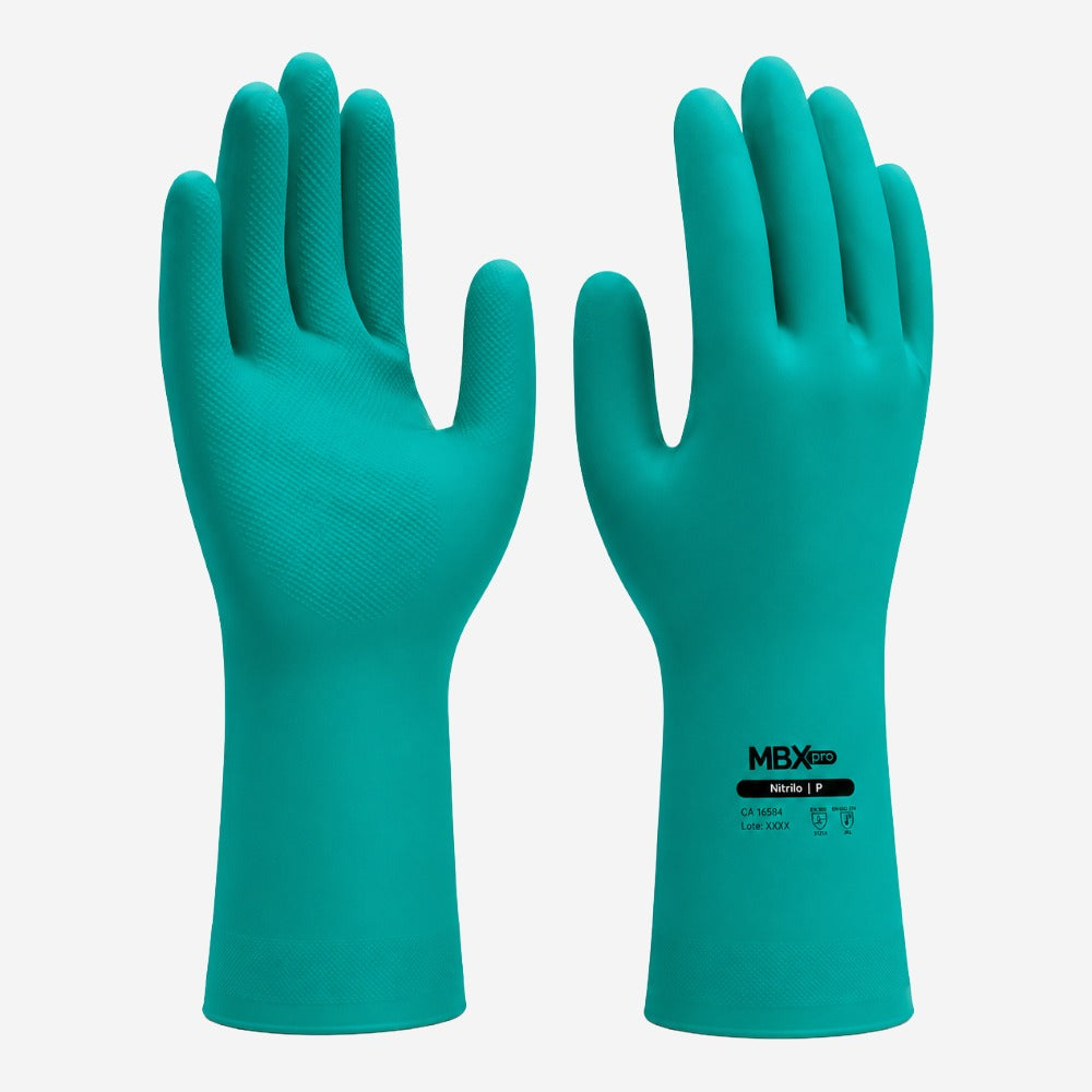 Luva de Proteção Produtos Químicos Tipo A Abrasão Limpeza Industrial Borracha Nitrílica Verde 33cm Cano Médio Forro Flocado Medix NitriQ+ CA 48884