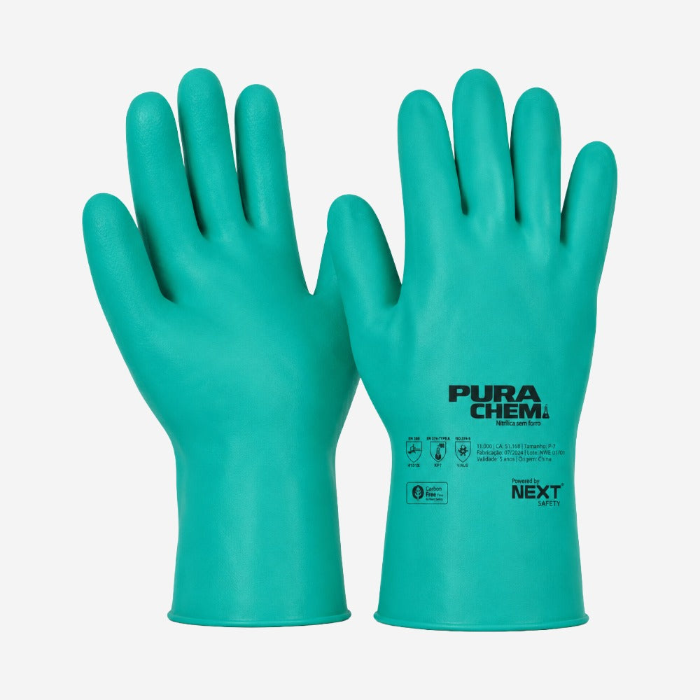 Luva de Proteção Produtos Químicos Tipo A Abrasão Limpeza Industrial Borracha Nitrílica Verde 33cm Forro Flocado Next Safety PURACHEM 11.200 CA 51168