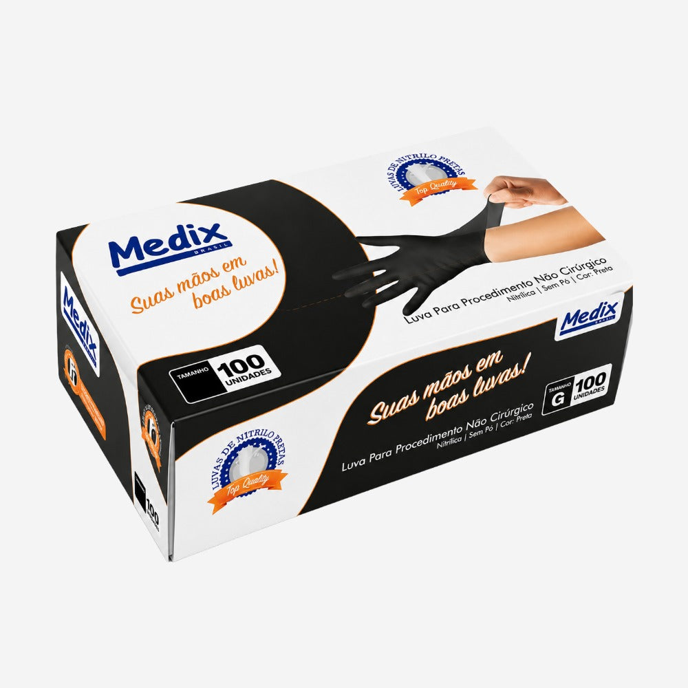 Luva de Proteção Produtos Químicos Tipo B Risco Biológico Descartável Indústria Nitrilo Preta Sem Pó Texturizada Caixa com 100 Unidades Medix CA 51125
