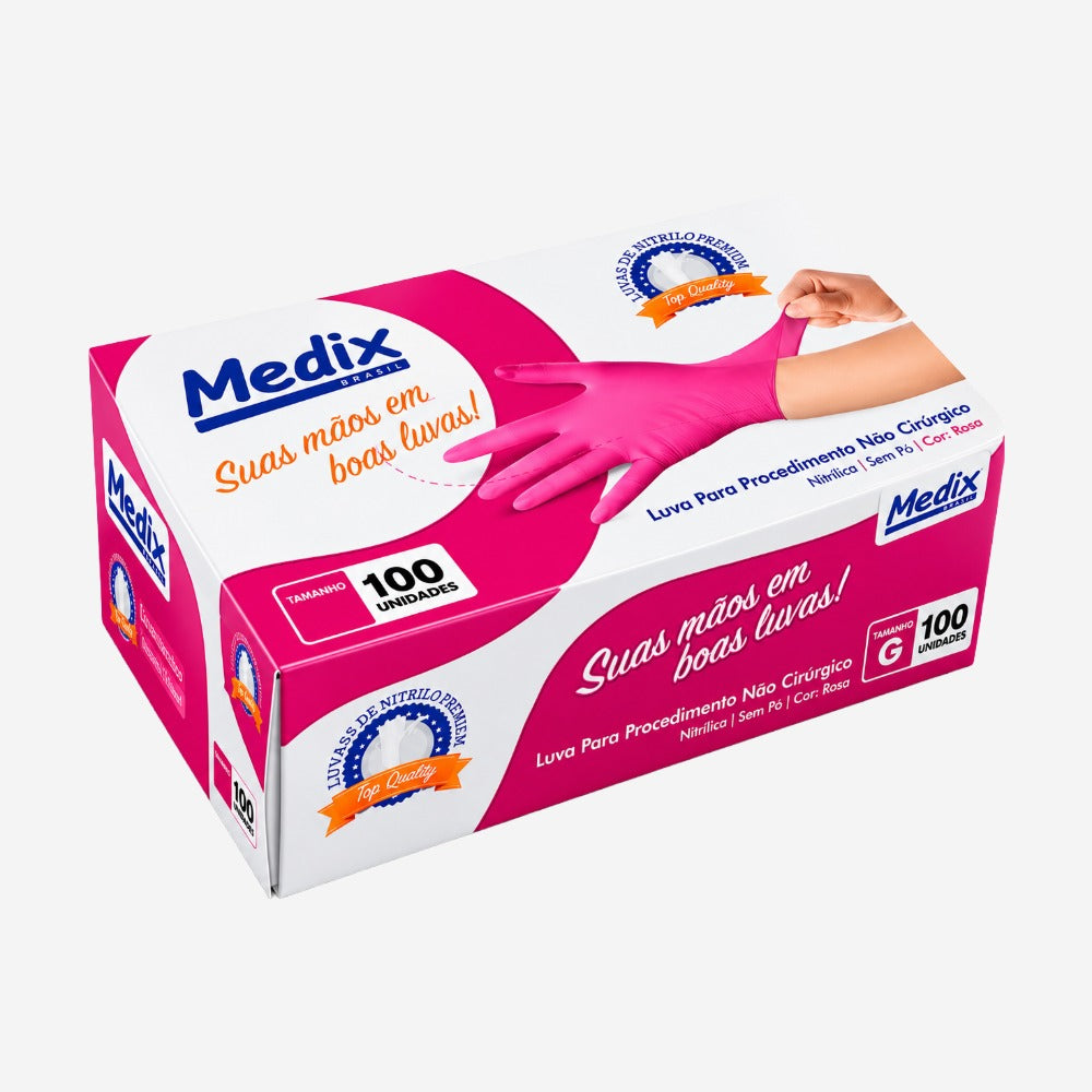 Luva de Proteção Produtos Químicos Tipo B Risco Biológico Descartável Indústria Nitrilo Rosa Sem Pó Texturizada Caixa com 100 Unidades Medix CA 51127