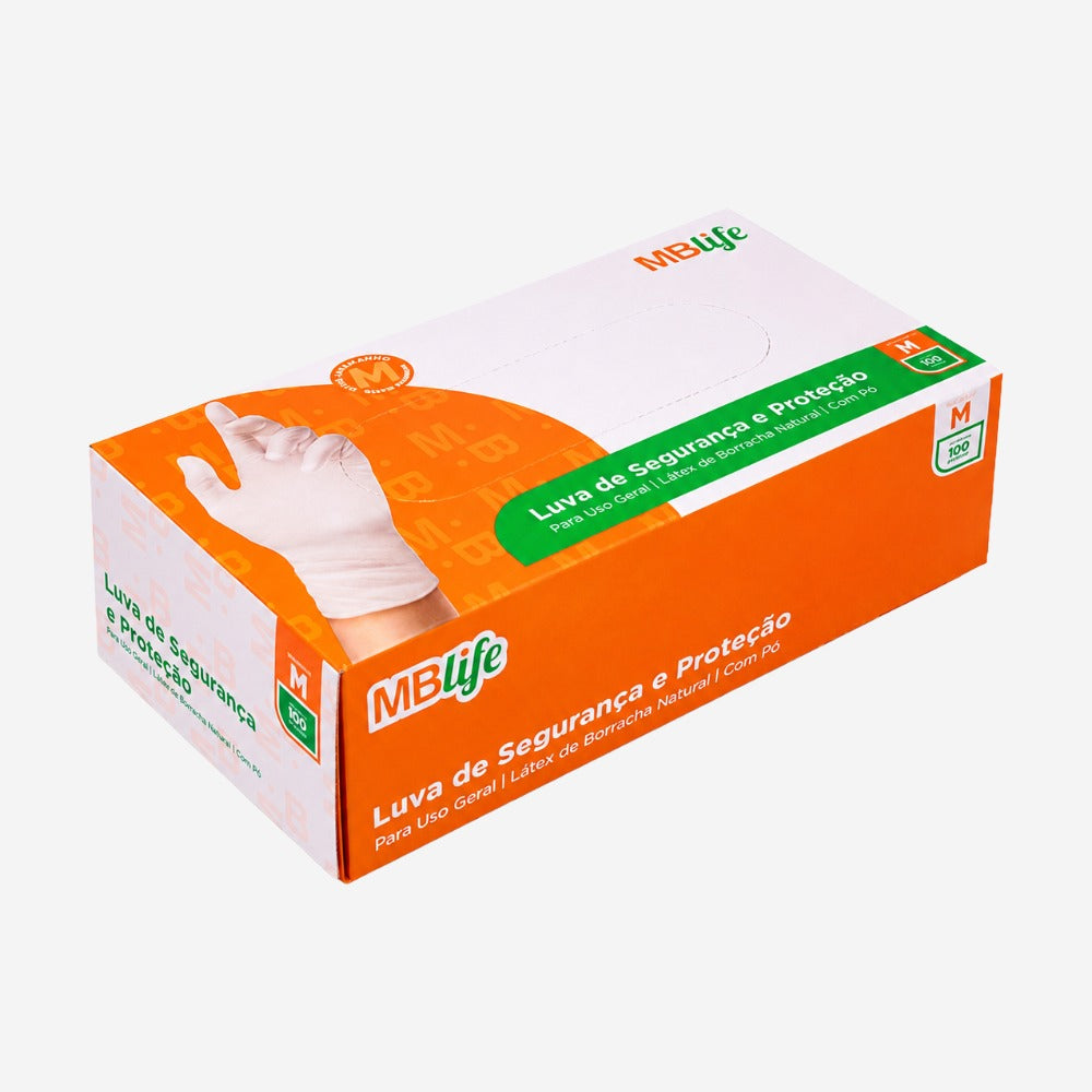 Luva de Proteção Produtos Químicos Tipo B Risco Biológico Descartável Látex Bege Com Pó Ambidestra Caixa com 100 Unidades MBlife Medix CA 41486