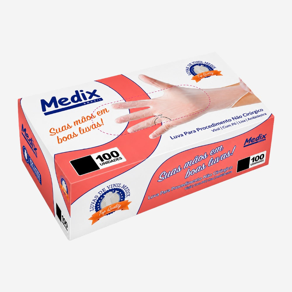 Luva de Proteção Produtos Químicos Tipo B Risco Biológico Descartável Vinil PVC Transparente Com Pó Caixa com 100 Unidades Medix CA 44525