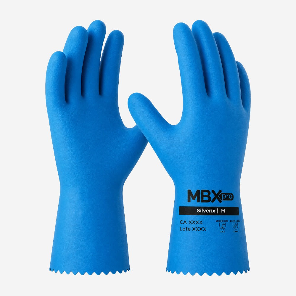 Luva de Proteção Produtos Químicos Tipo C e Abrasão Limpeza Látex Azul ou Amarela Banho Látex Total Forro Silver Liso Medix MBXpro Silverix CA 48881