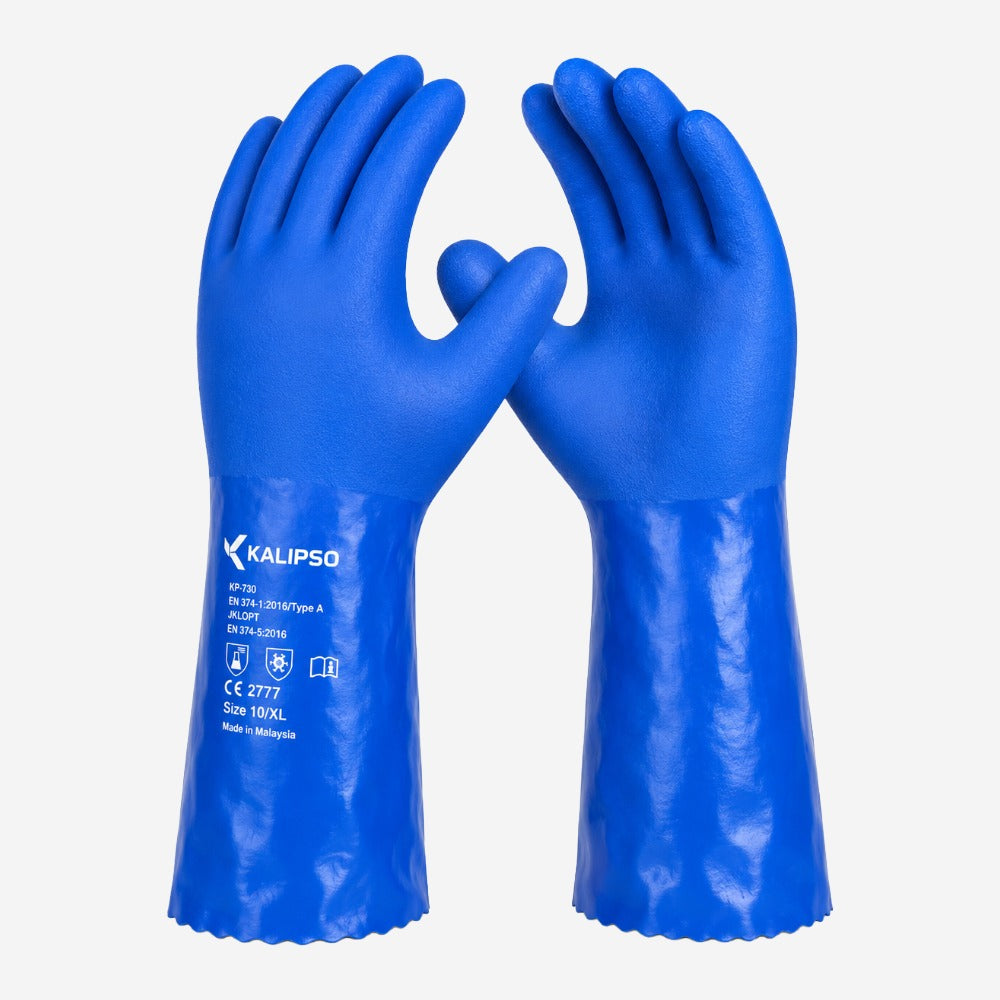 Luva de Proteção Produtos Químicos, Umidade e Calor para Uso Profissional em PVC com Suporte Têxtil Kalipso Chemblock 122-001 27cm CA 51240