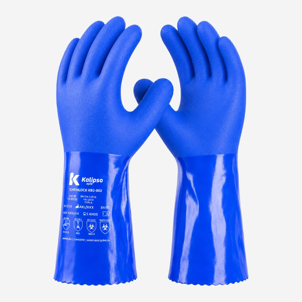 Luva de Proteção Produtos Químicos, Umidade e Calor para Uso Profissional em PVC com Suporte Têxtil Kalipso Chemblock 122-002 35cm CA 51240